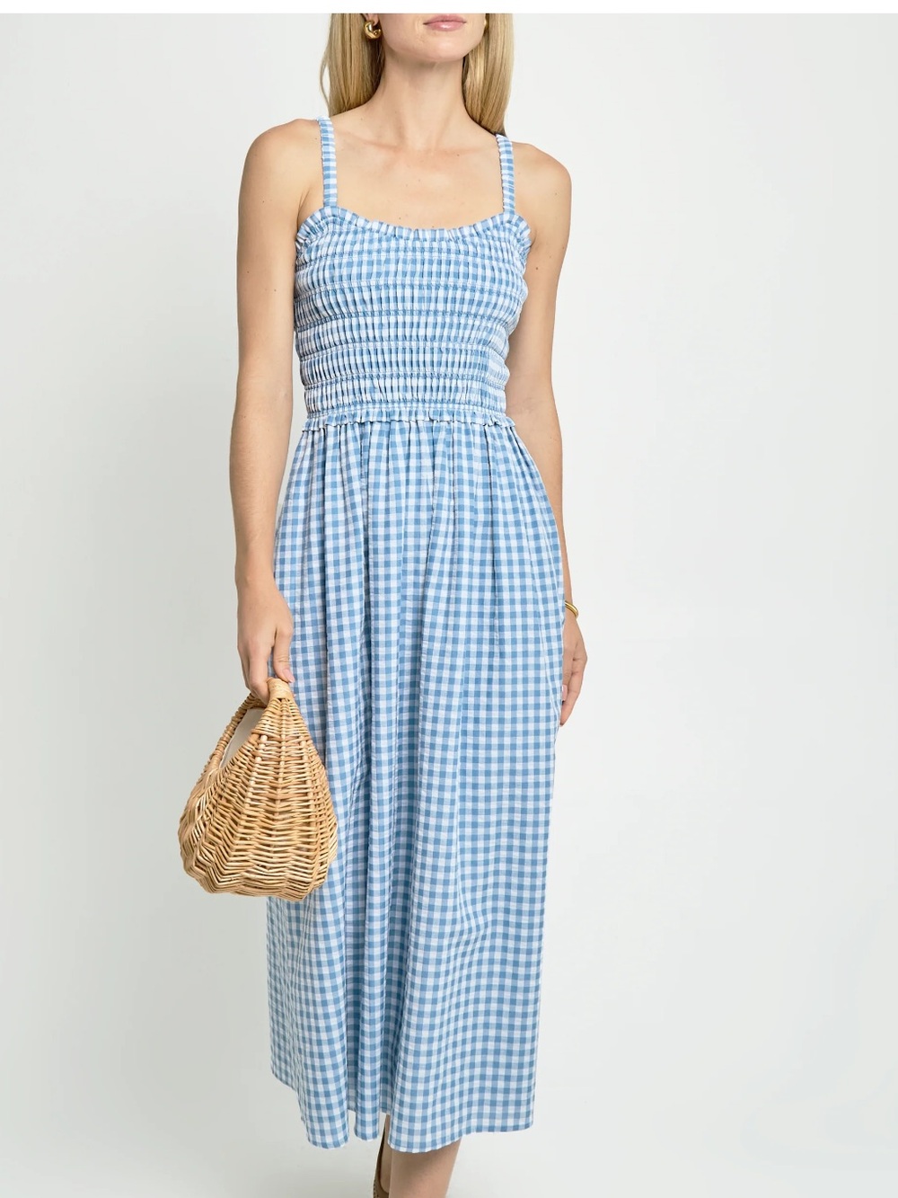 Smocked Gingham Midi Dress in Light Blue